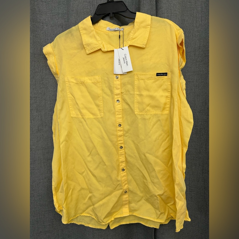 Calvin Klein Jeans Womens Yellow Tencel Blouse Button-Down Top Shirt Plus NWT - Picture 3 of 5
